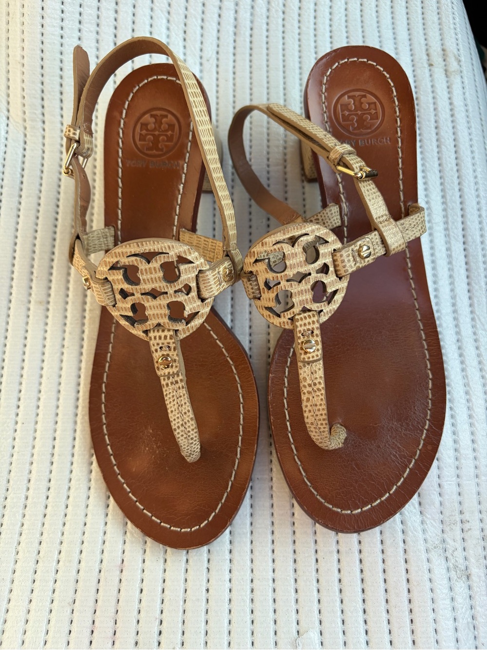 Tory Burch Beige Gold Logo Thong Sandals